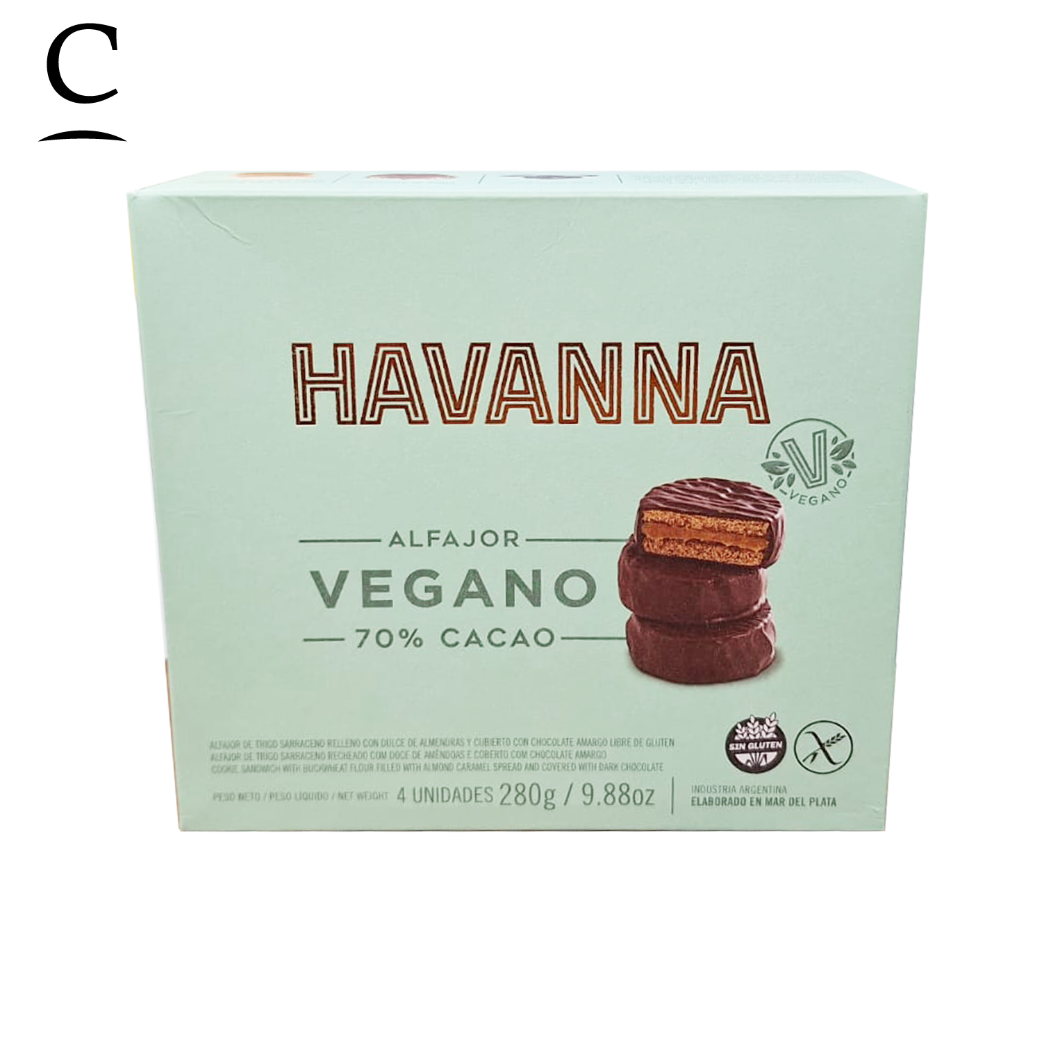 Havanna Vegan Alfajor 70% Chocolate Gluten-Free Cocoa with Almond Dulce de Leche x 4u